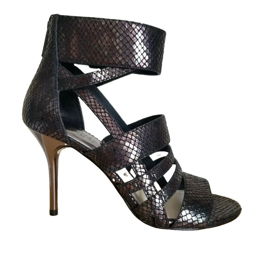Michael Kors Shiloh Snake Embossed Black Metallic Petrol Leather Cage Heels 9M